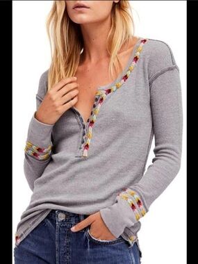 FREE PEOPLE WE THE FREE Rainbow Thermal Long Sleeve Tee in Charcoal Grey